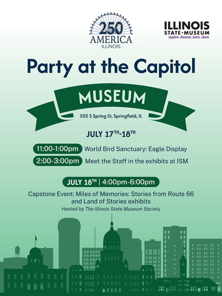 Party at the Capitol flyer. The silhouettes of Springfield buildings with the Illinois State Capitol building in the center.